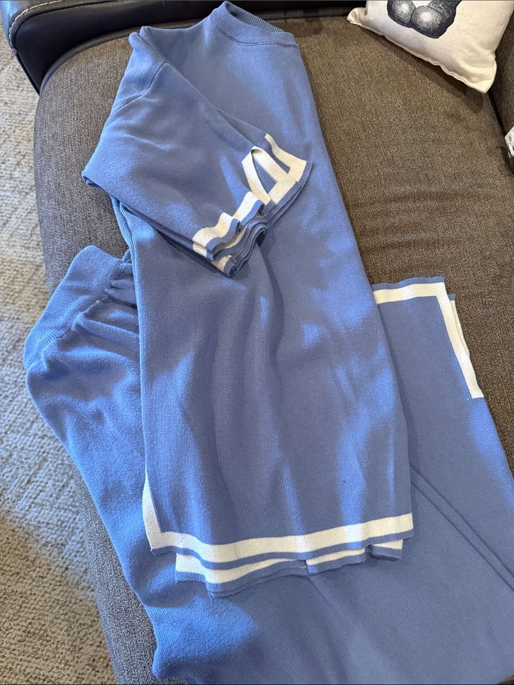 Blue Knit Two-Piece Set with White Stripe Detail